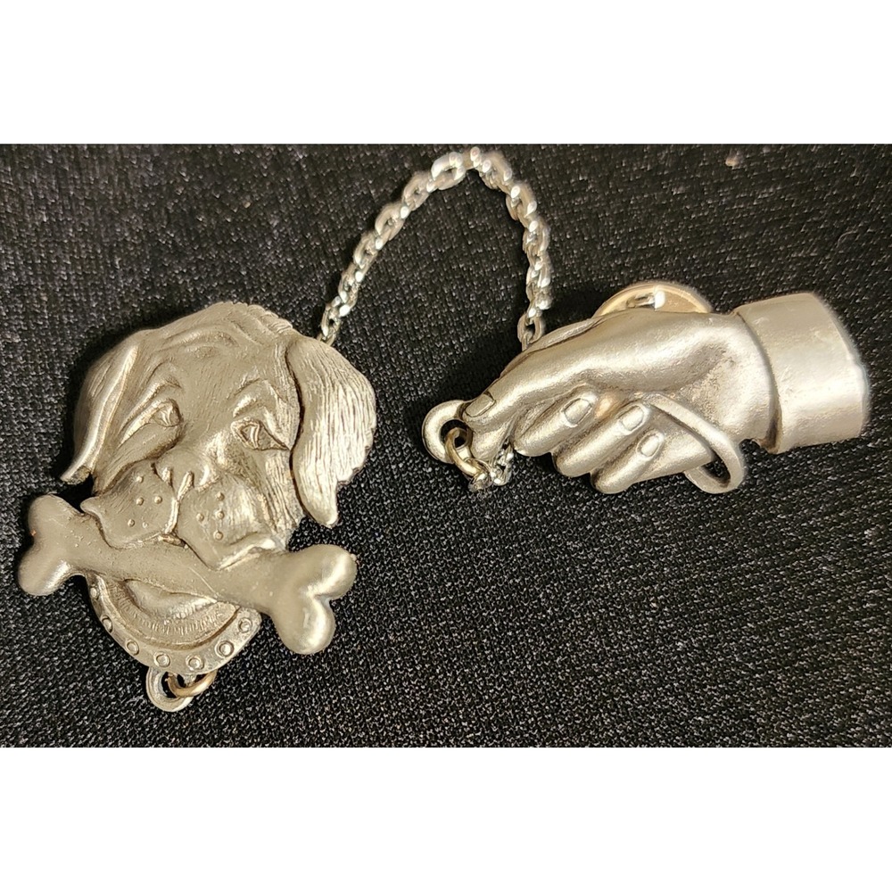 JJ Jonette Dog with Bone and Hand Leash Pewter Chain Brooch Pin Artifacts 1996 - Picture 6 of 6